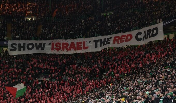 Celtic Fans Protest Israel's Actions in Gaza, Calling for UEFA and FIFA to Suspend Israel from International Football.